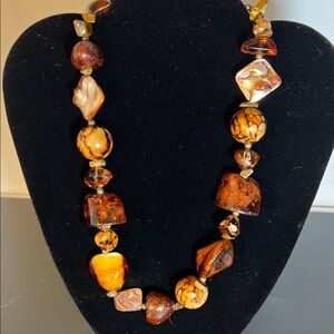 Vintage Chunky Necklace‎ Large Amber Brass Wood-tone Lucite Bead 18”